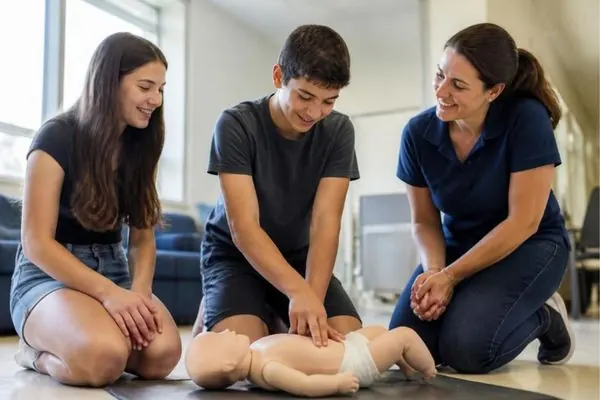 Teens practicing infant CPR with an instructor