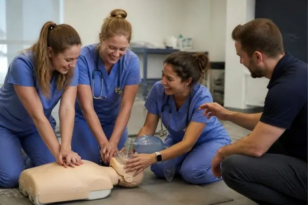Nurses practicing two-rescuer CPR with a bag-valve mask