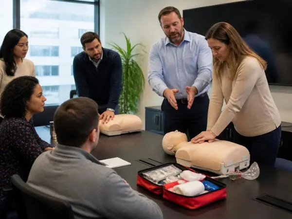 Coworkers practicing CPR during a workplace class
