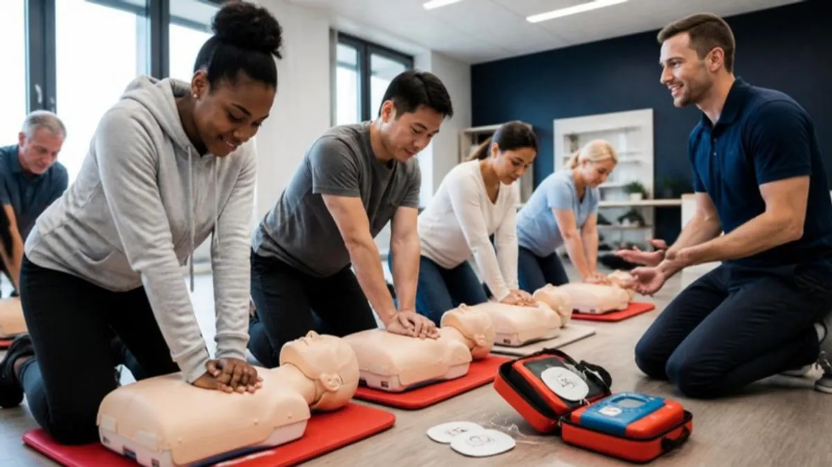 Students practicing chest compressions on CPR manikins
