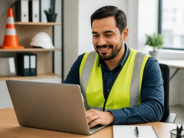 A worker taking an online safety course at his desk